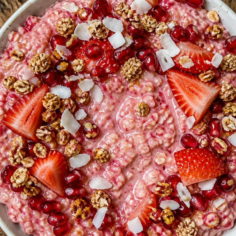 Bowl of healthy strawberry oatmeal topped with fresh strawberries and nuts