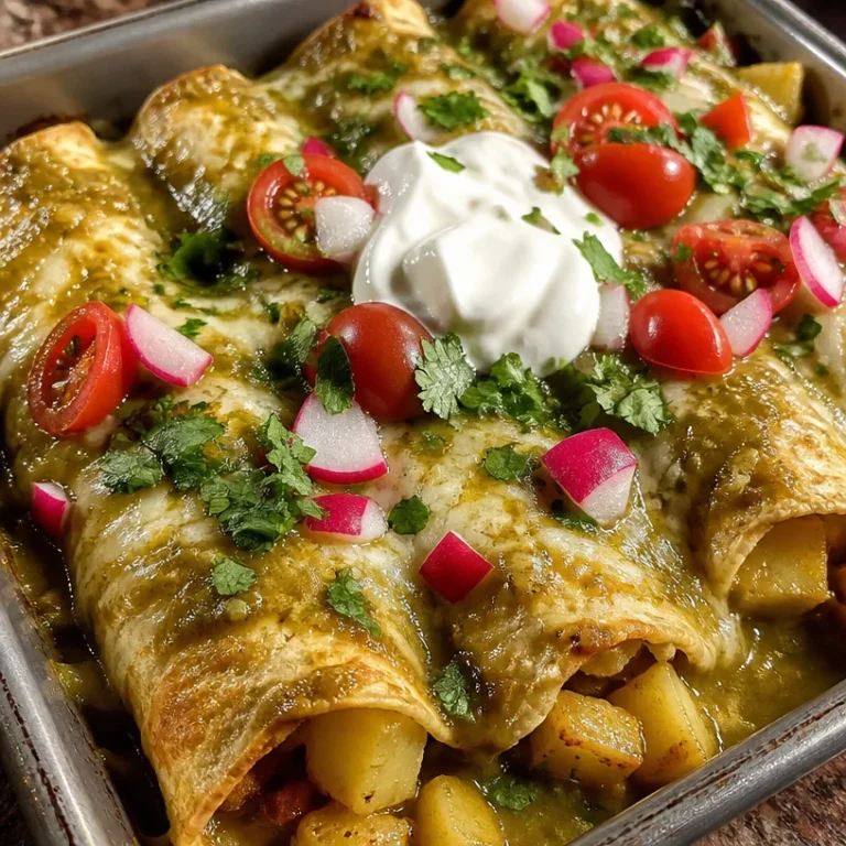 Hearty plant-based potato green chili enchiladas topped with green sauce and cheese.