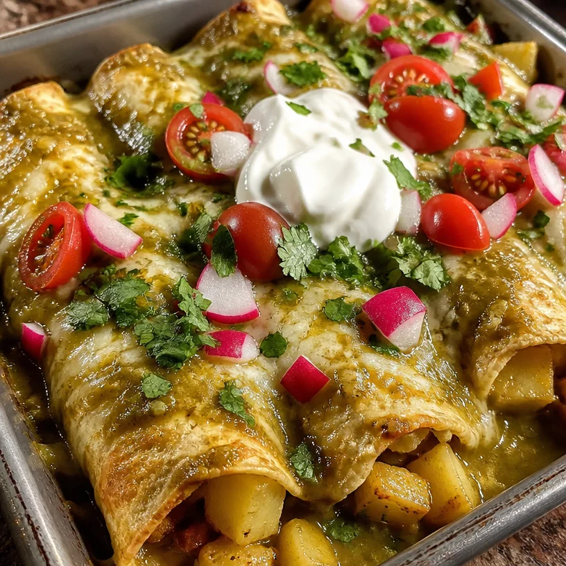 Hearty plant-based potato green chili enchiladas topped with green sauce and cheese.