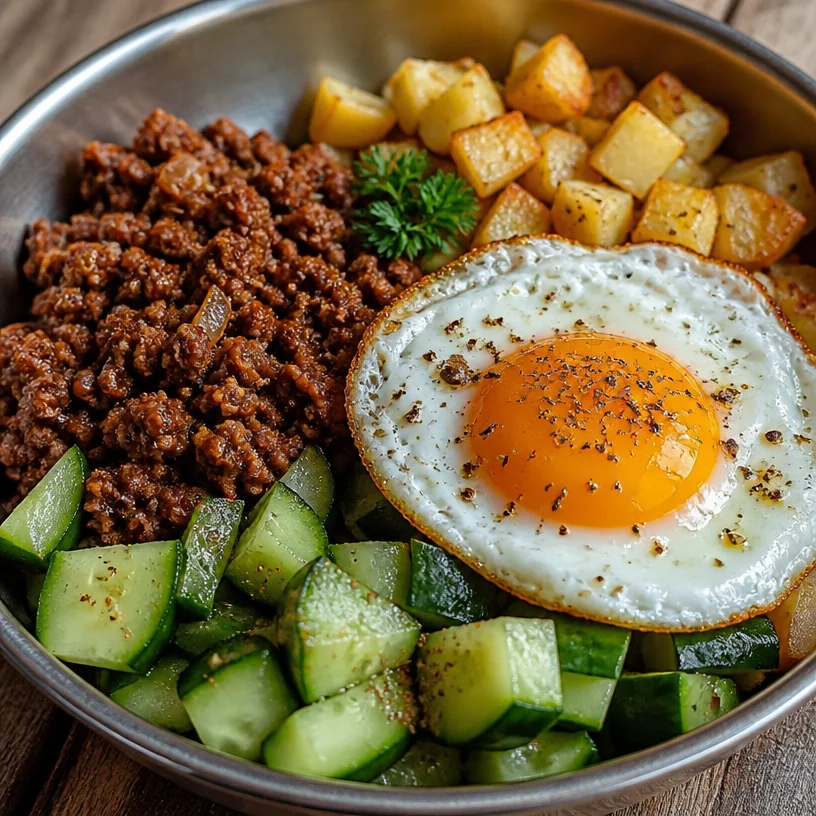 High-protein breakfast bowl with eggs, quinoa, and fresh vegetables
