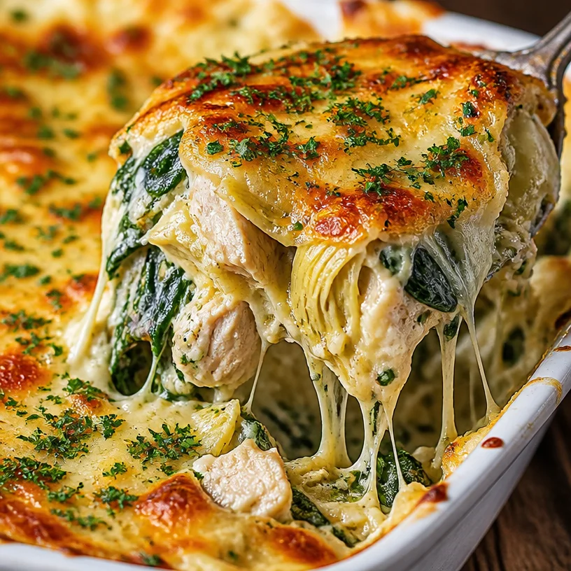 High Protein Spinach Artichoke Chicken Casserole