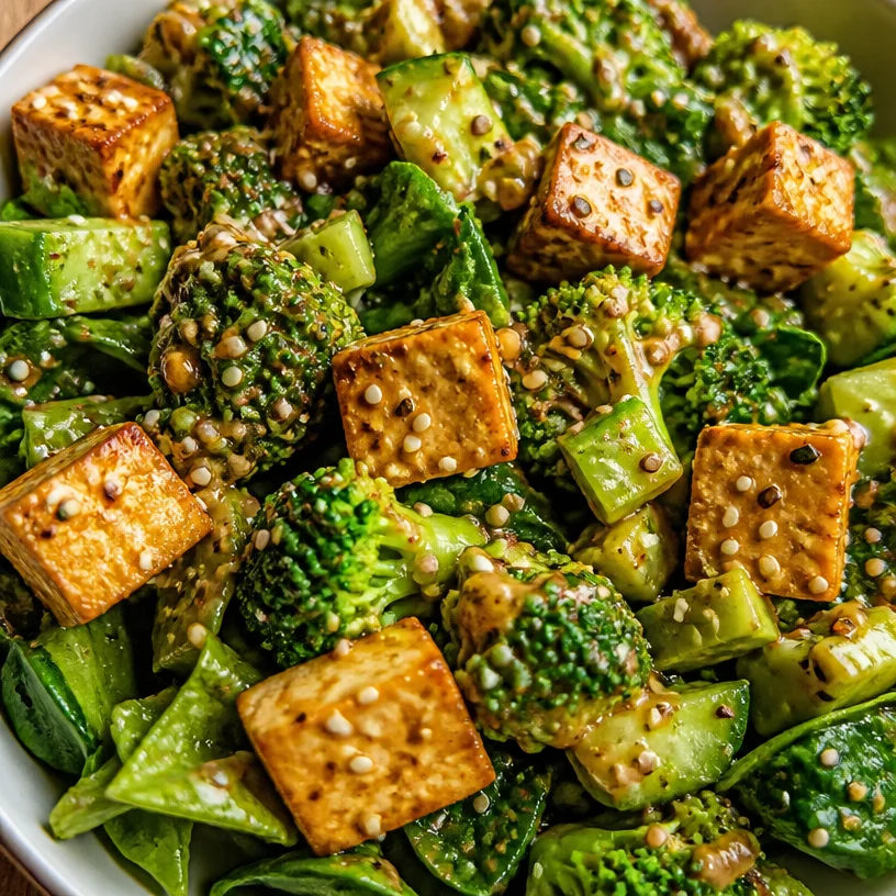 High-protein vegan salad bowl filled with fresh vegetables and plant-based protein