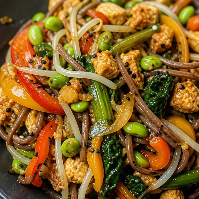High protein vegan stir fry with colorful vegetables and tofu served in a bowl