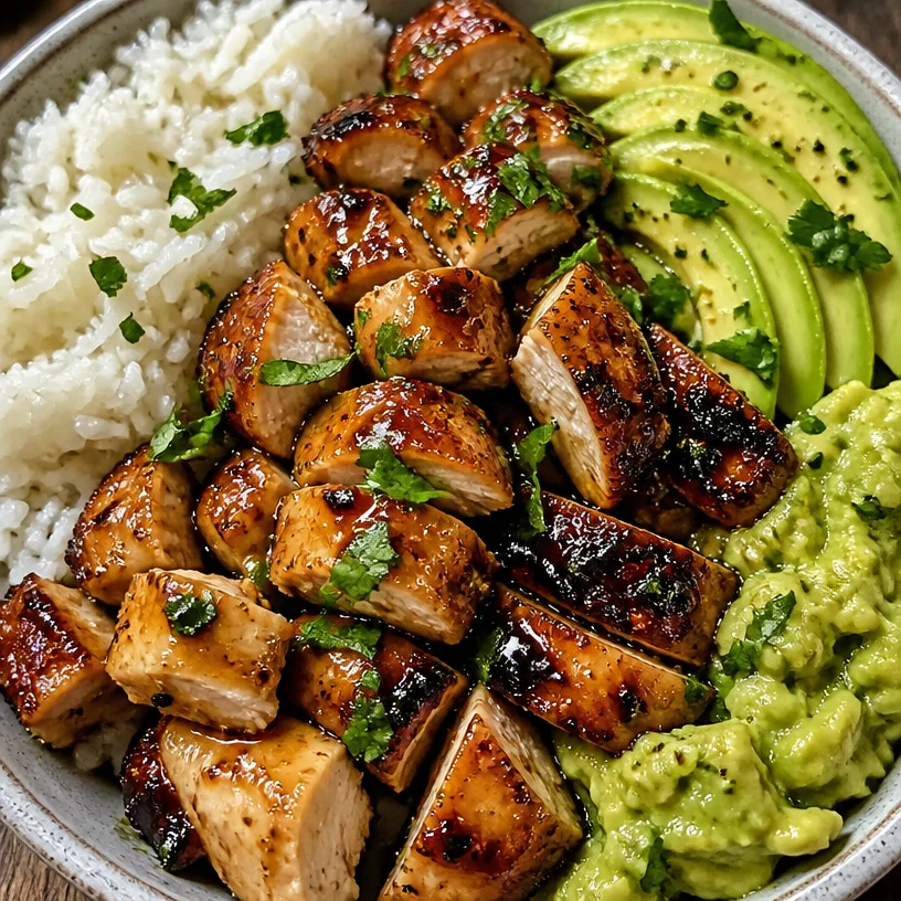 Honey Lime Chicken Avocado Rice Bowl with vibrant ingredients and flavors