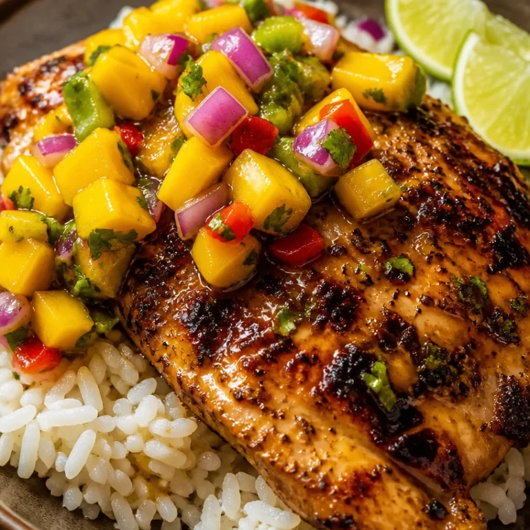Honey Lime Chicken served with fresh Mango Salsa on a plate