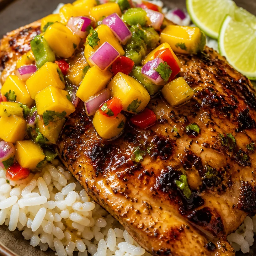 Honey Lime Chicken served with fresh Mango Salsa on a plate