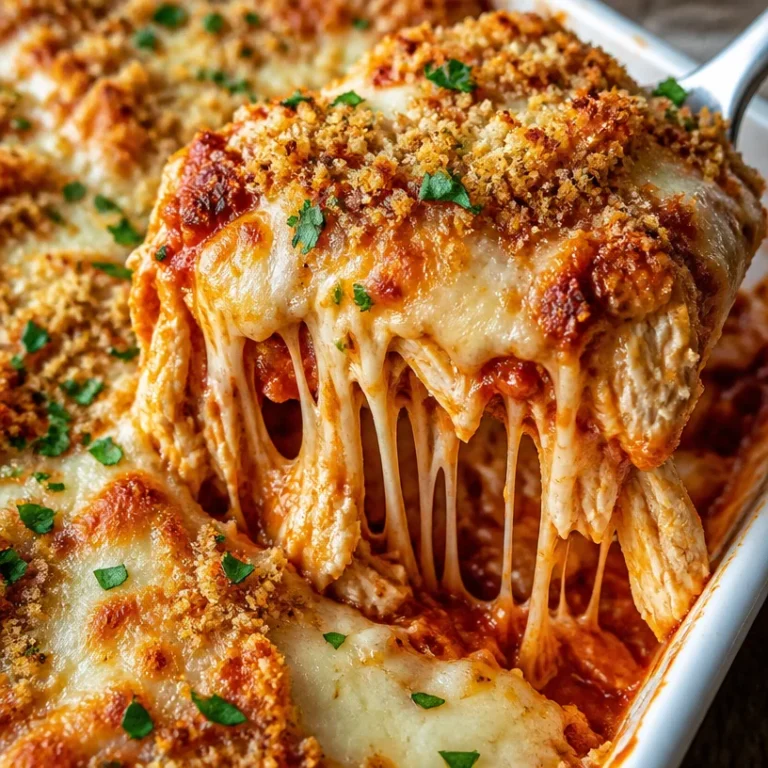 Deliciously cheesy high protein chicken parmesan casserole served in a baking dish