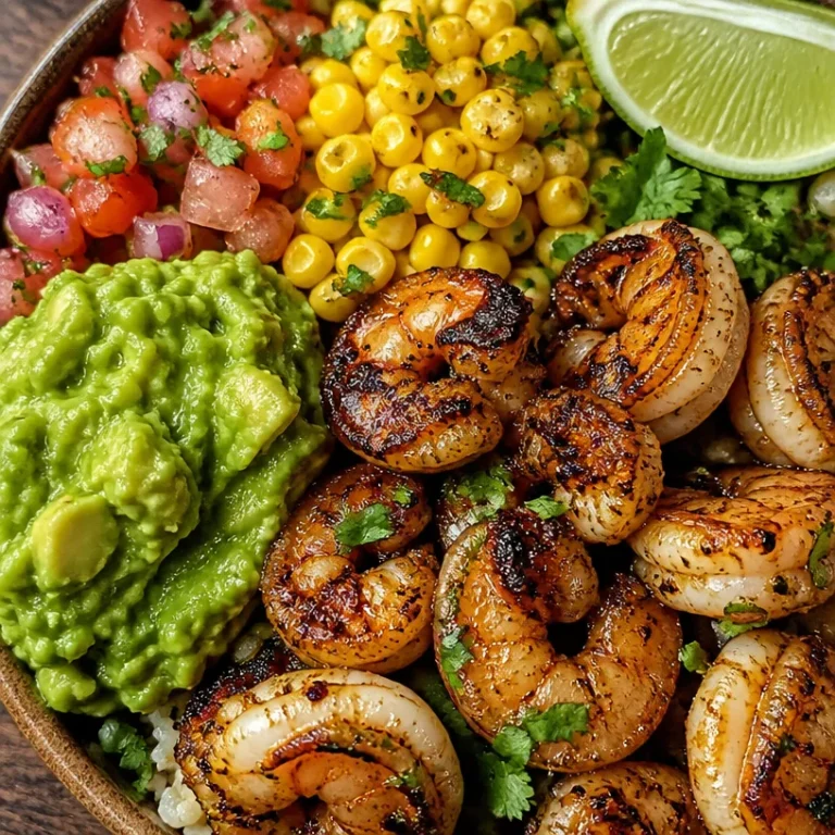 Juicy grilled shrimp bowl with avocado, corn, and fresh herbs