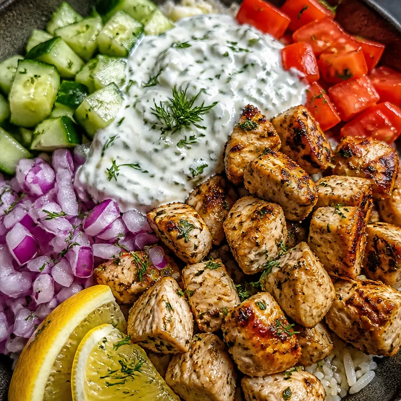 Lemon-Dill Chicken Bowls with fresh herbs and vegetables