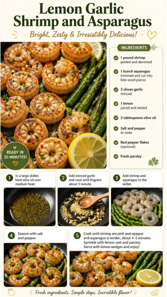 Delicious Lemon Garlic Shrimp with fresh asparagus ready to serve