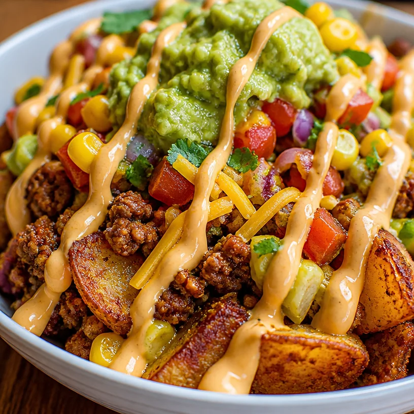 Delicious Loaded Potato Taco Bowl with crispy potatoes and fresh toppings