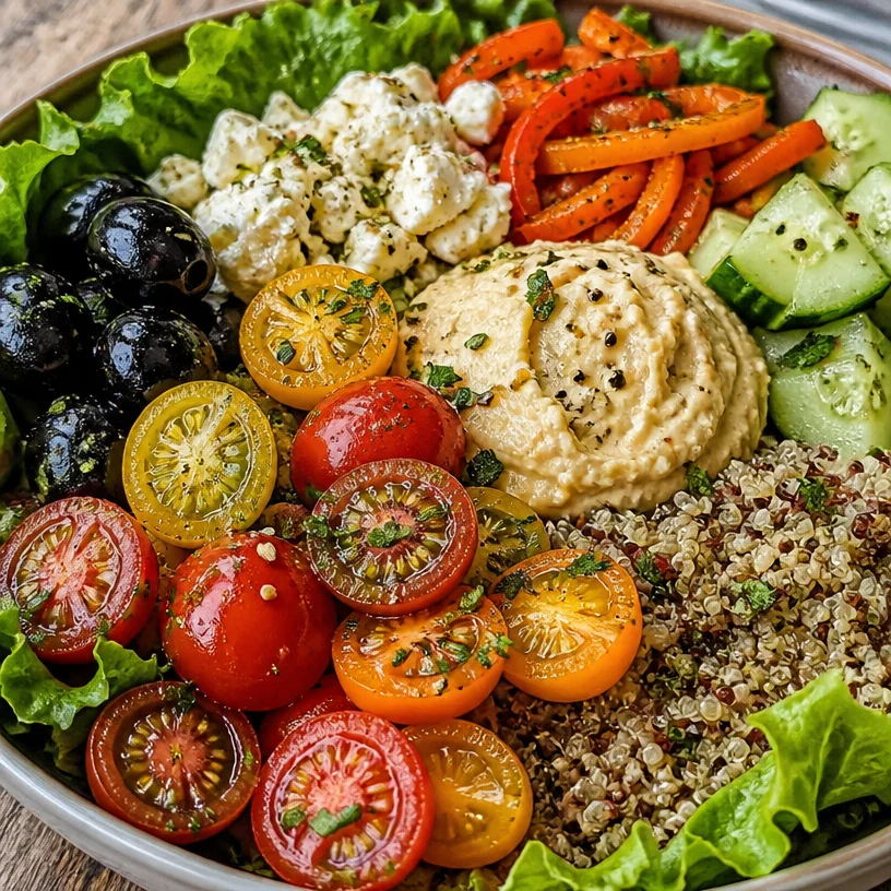 Colorful Mediterranean Buddha Bowl with fresh vegetables, grains, and herbs