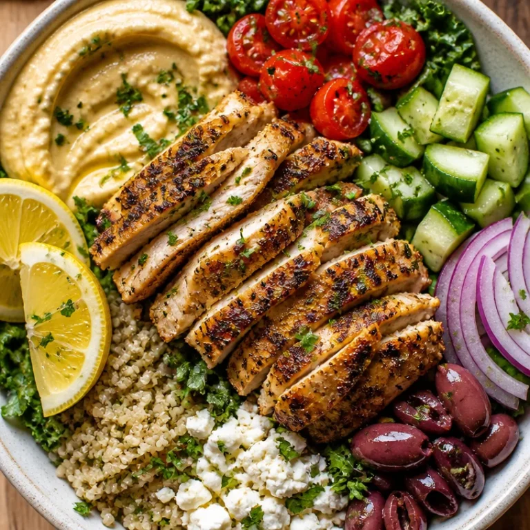 Mediterranean Chicken Bowl with fresh vegetables and a delicious dressing