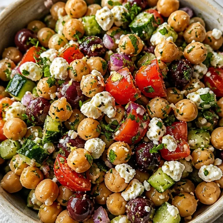 Mediterranean Chickpea Feta Salad with fresh vegetables and herbs.