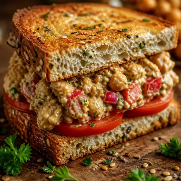 Mediterranean chickpea salad sandwich with fresh vegetables and spices