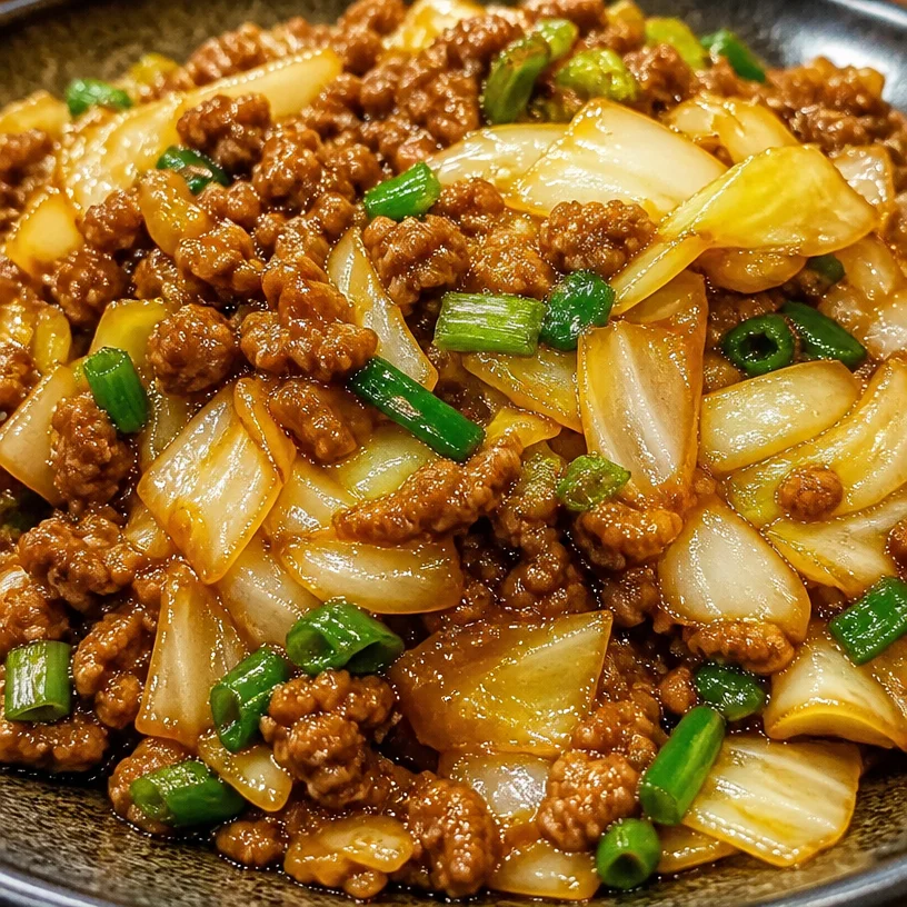 Mongolian Cabbage with Ground Beef dish garnished and served in a bowl