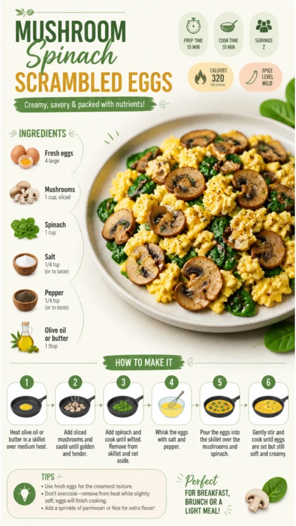 Delicious Mushroom Spinach Scrambled Eggs served on a plate
