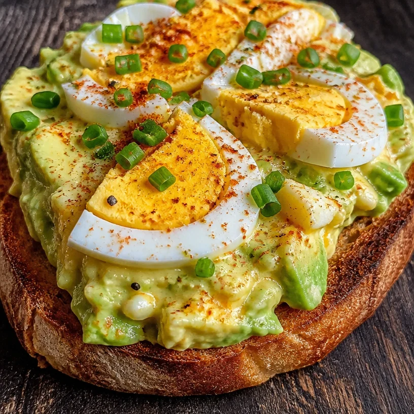 Paprika avocado egg salad toast garnished with fresh herbs on a plate