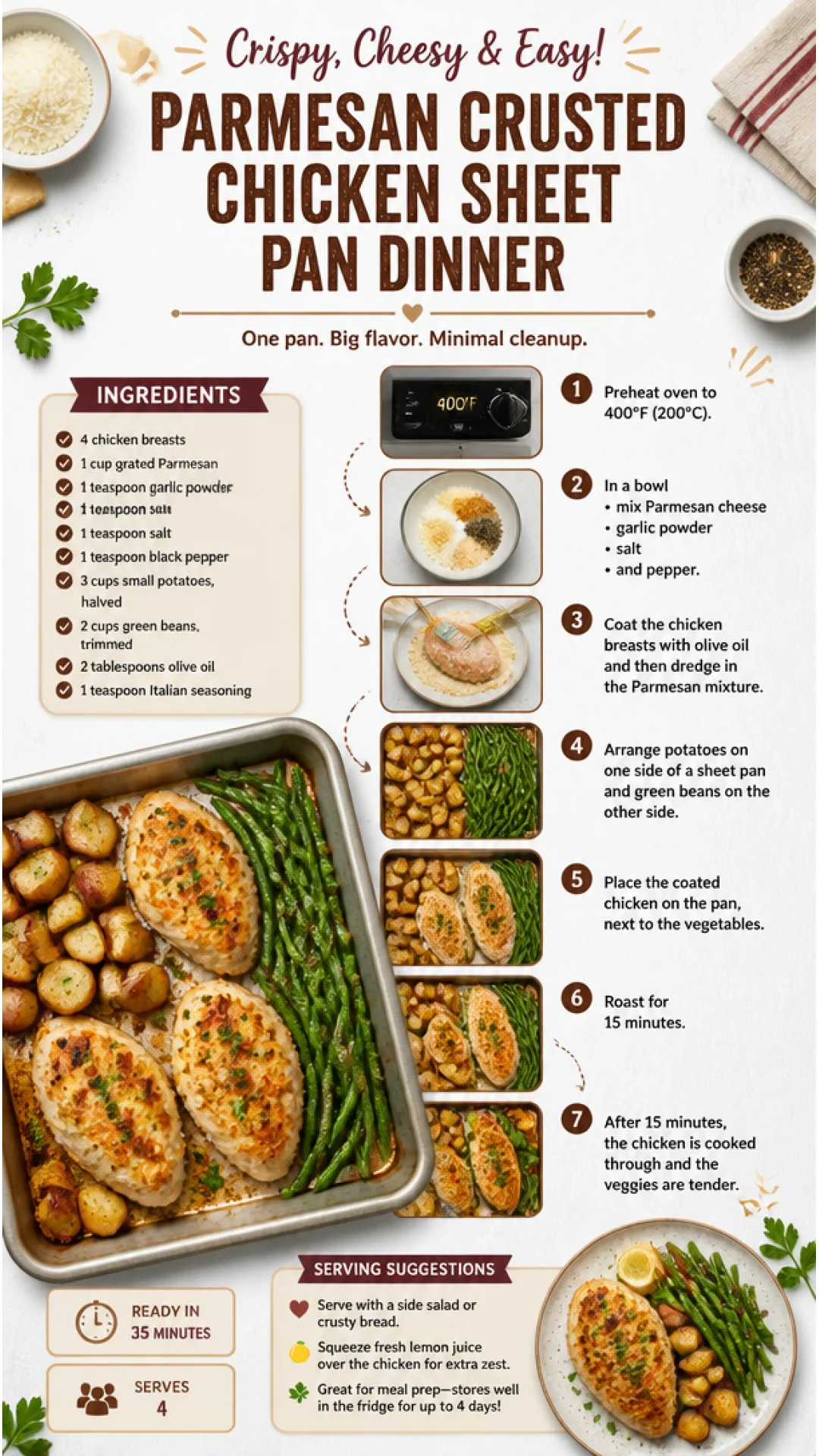Delicious Parmesan Crusted Chicken with vegetables on a sheet pan dinner