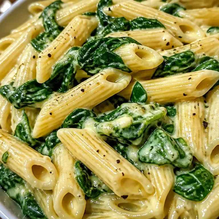 Delicious creamy pasta with fresh spinach served on a plate
