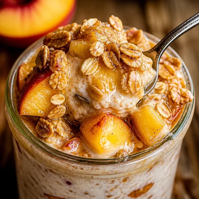 Bowl of Peach Crisp Overnight Oats topped with fresh peaches and nuts.