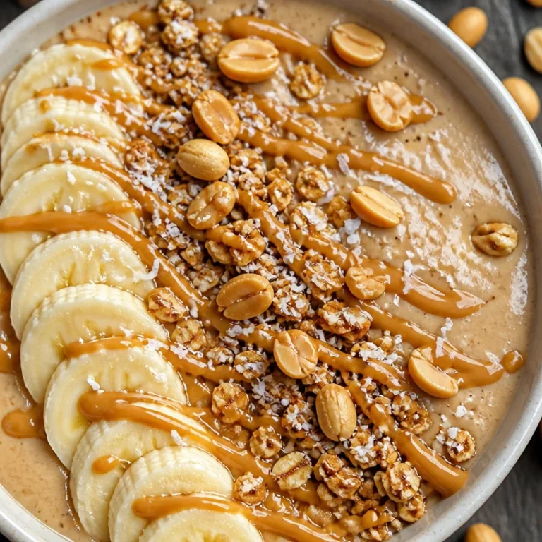 Delicious peanut butter smoothie bowl topped with fresh fruits and nuts.