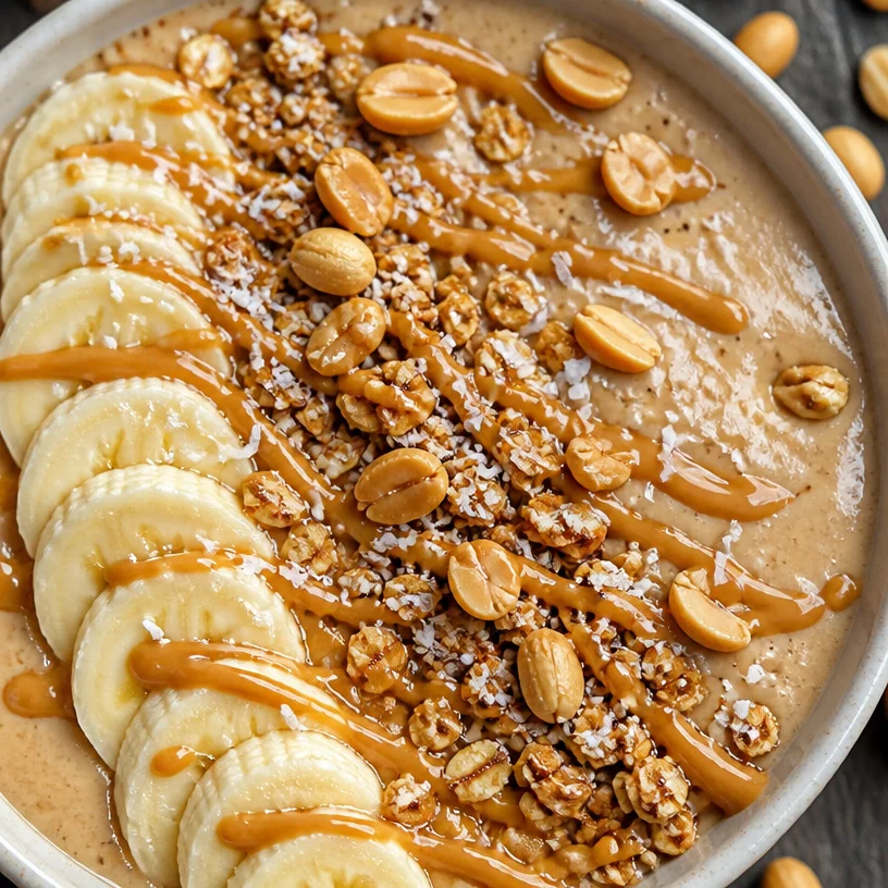 Delicious peanut butter smoothie bowl topped with fresh fruits and nuts.