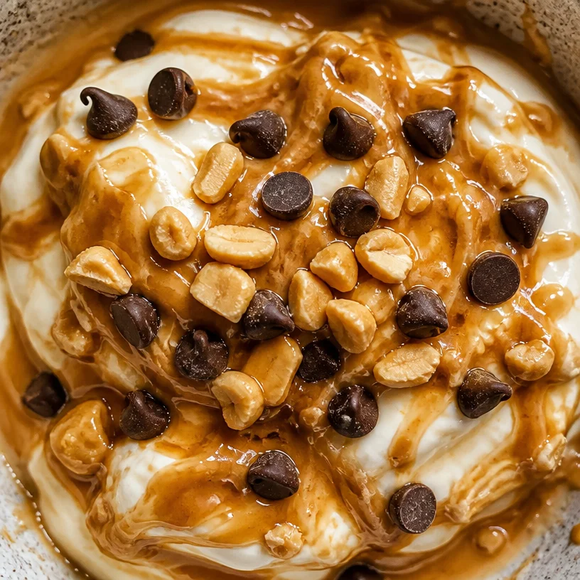 Creamy peanut butter yogurt topped with nuts and honey in a bowl