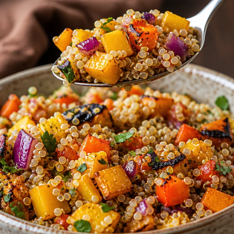 Quinoa and roasted vegetable salad served in a bowl