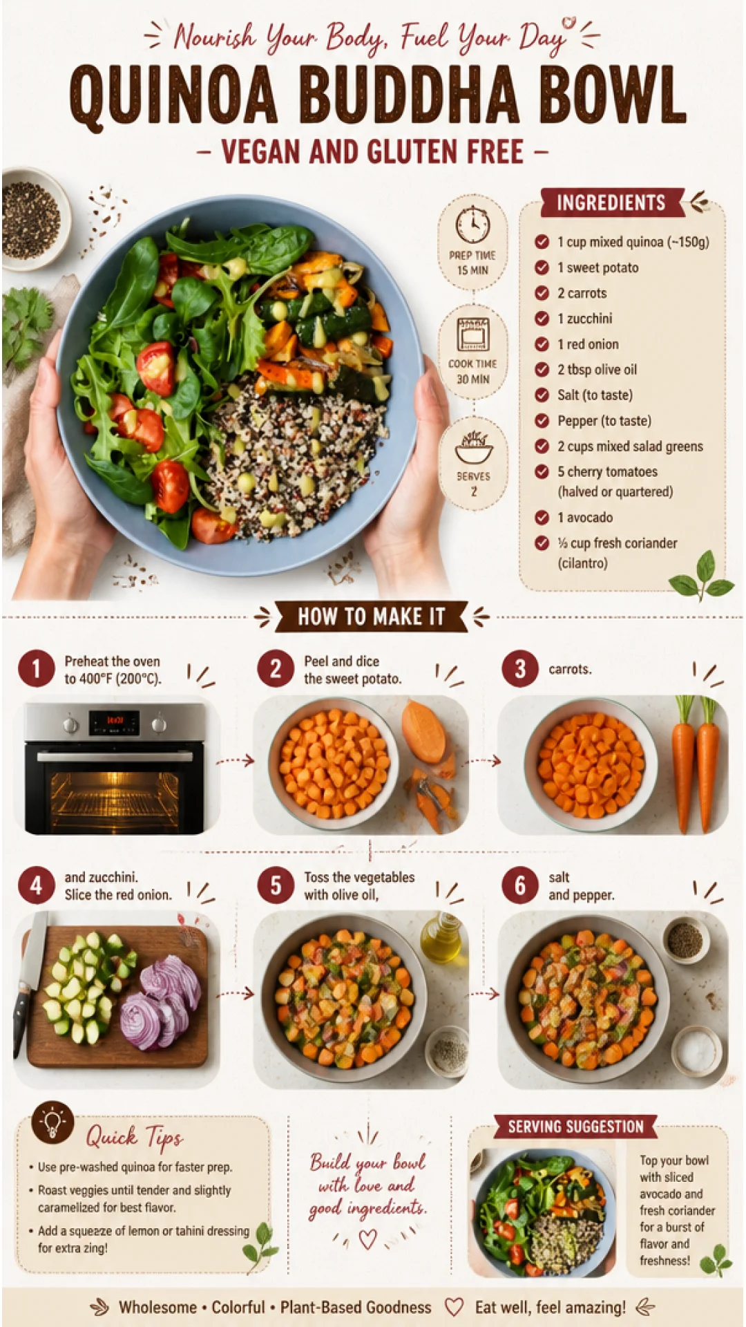 Vegan and gluten-free Quinoa Buddha Bowl with fresh vegetables and toppings