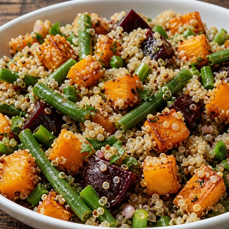 Colorful roasted vegetable and quinoa salad in a bowl, garnished fresh herbs.