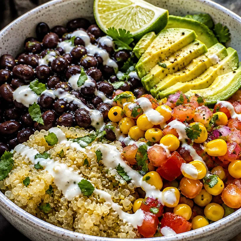 Simple Mexican Quinoa Bowls with colorful vegetables and spices