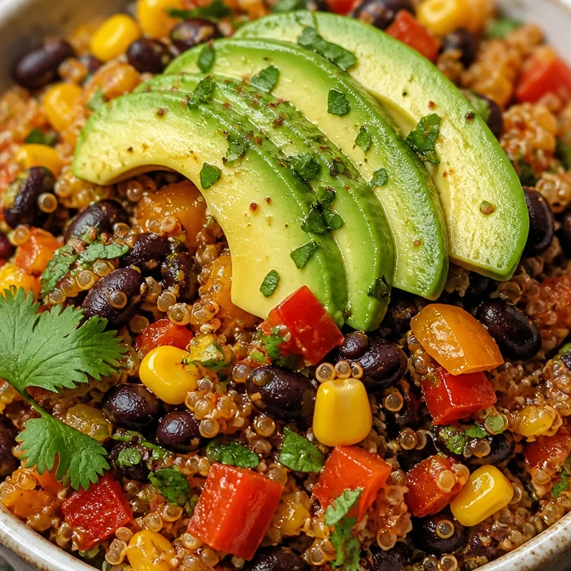 Spicy Quinoa and Black Bean Bowl garnished with fresh ingredients
