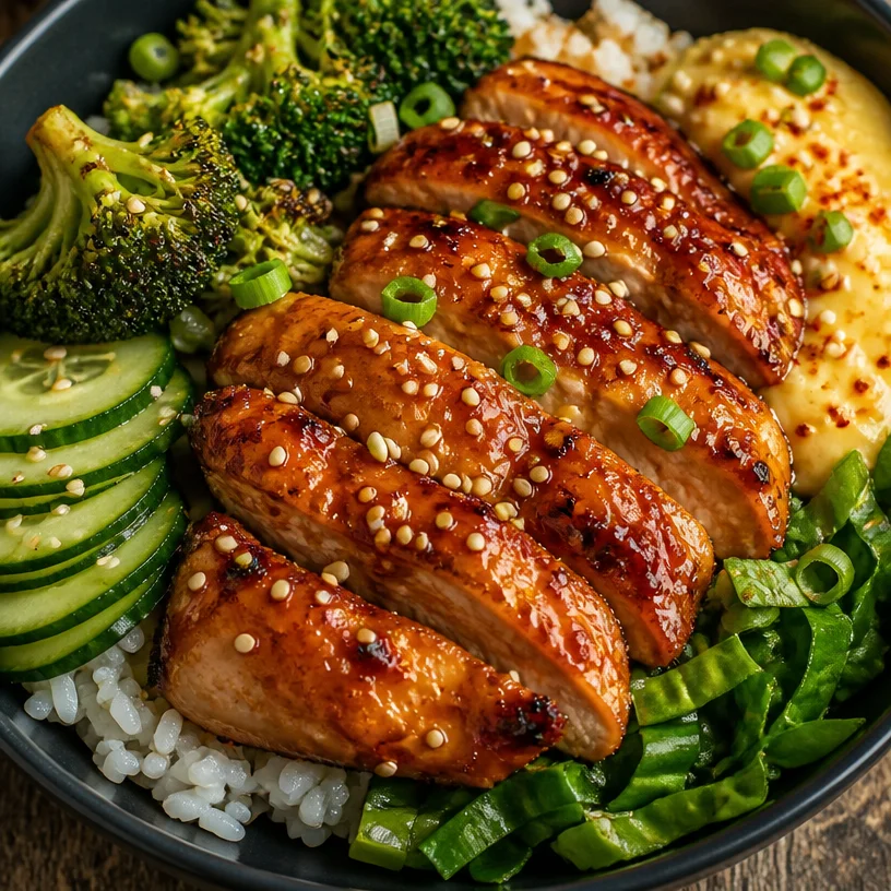 Delicious Sticky Chicken Bowl garnished with vegetables and rice