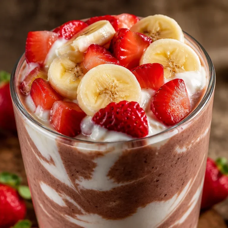 Strawberry banana protein smoothie in a glass with fresh ingredients