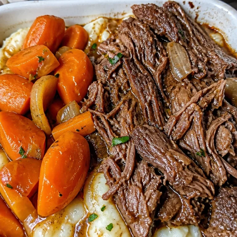 Deliciously tender pot roast served with vegetables on a rustic table.