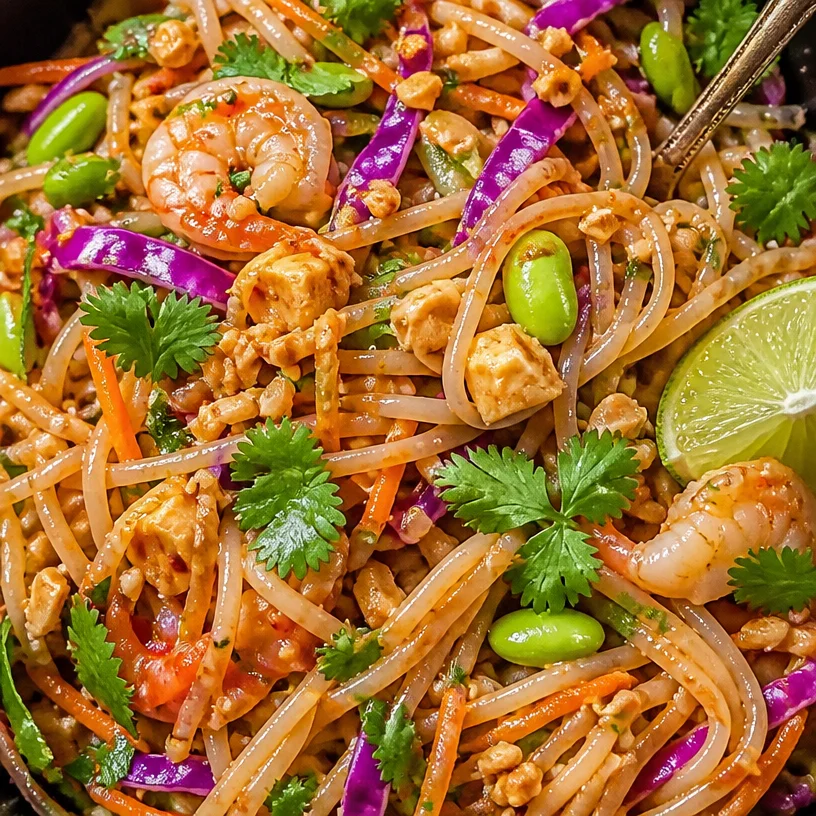 A vibrant bowl of Thai Noodle Salad drizzled with creamy peanut dressing.