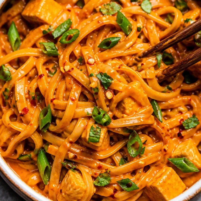 Bowl of aromatic Thai Red Curry Noodles with vegetables and herbs