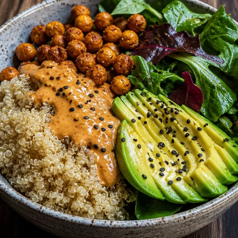 Colorful Vegan Buddha Bowl filled with fresh vegetables, grains, and dressing