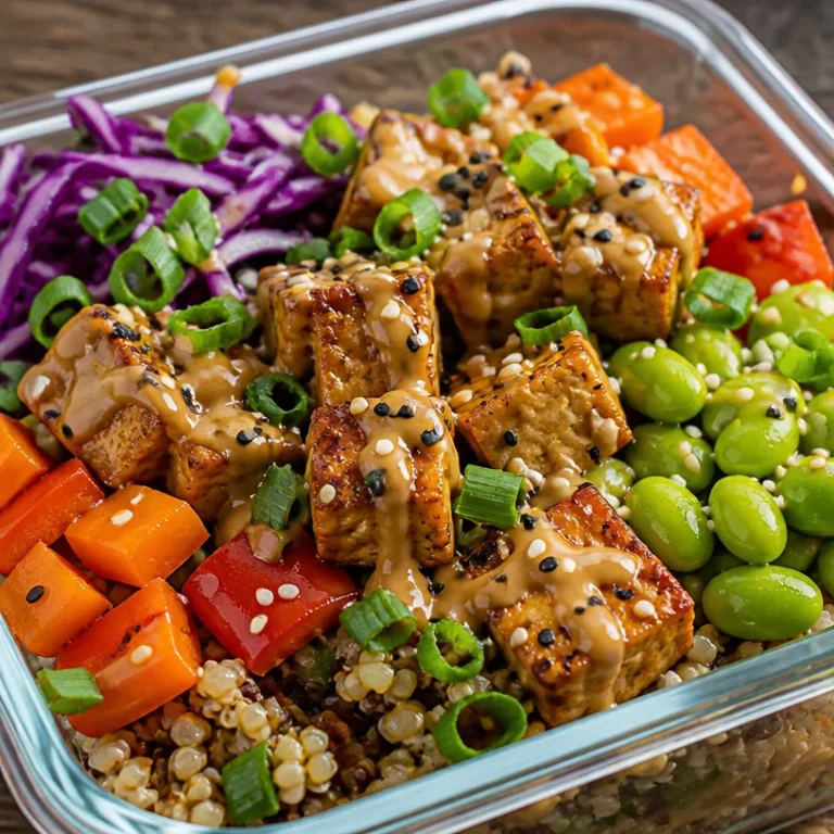 Tofu meal prep bowls with fresh vegetables and sauces for healthy eating.