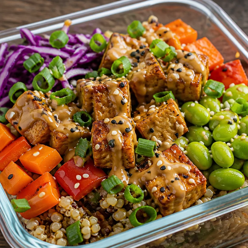 Tofu meal prep bowls with fresh vegetables and sauces for healthy eating.