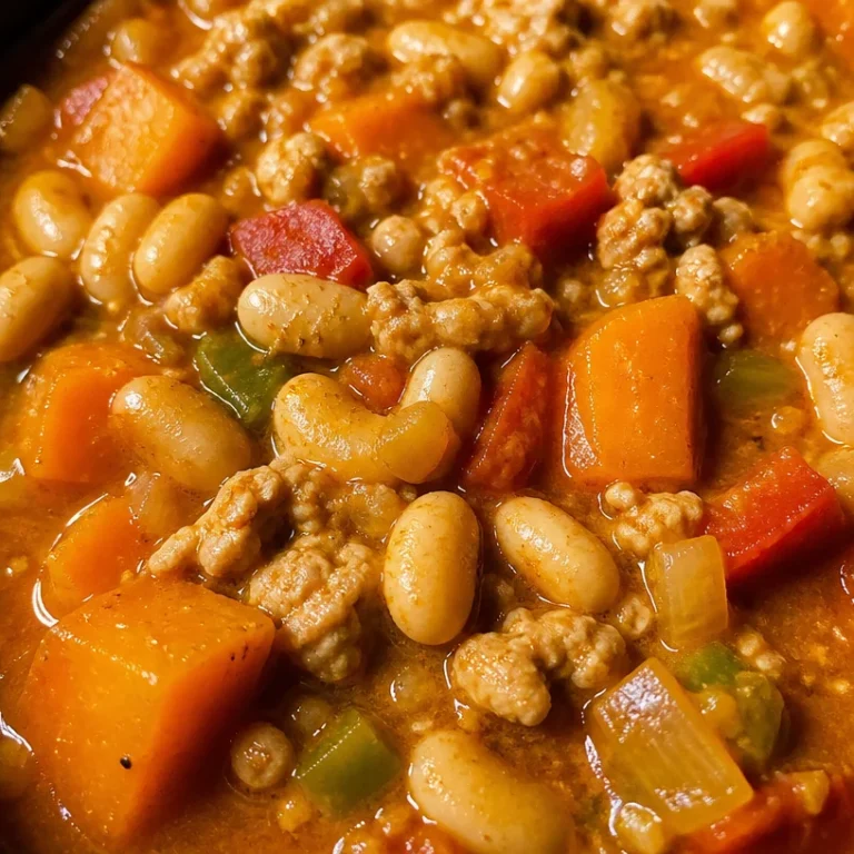 Bowl of Turkey Pumpkin White Bean Chili topped with herbs and pumpkin seeds