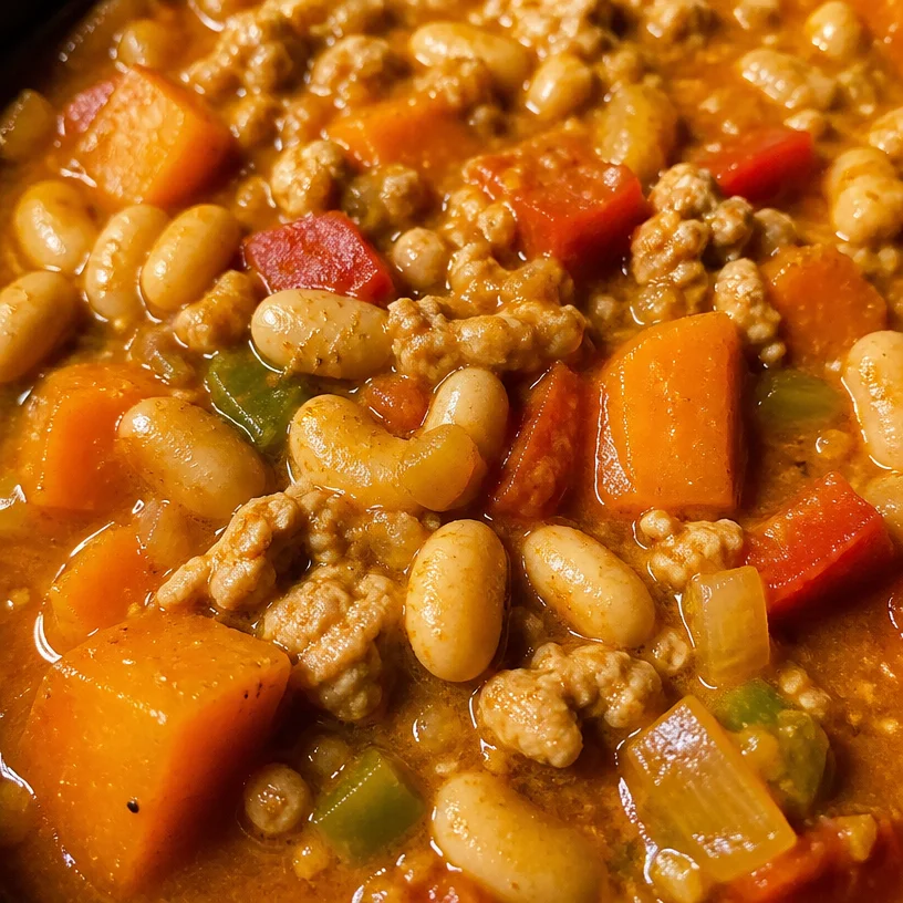 Bowl of Turkey Pumpkin White Bean Chili topped with herbs and pumpkin seeds