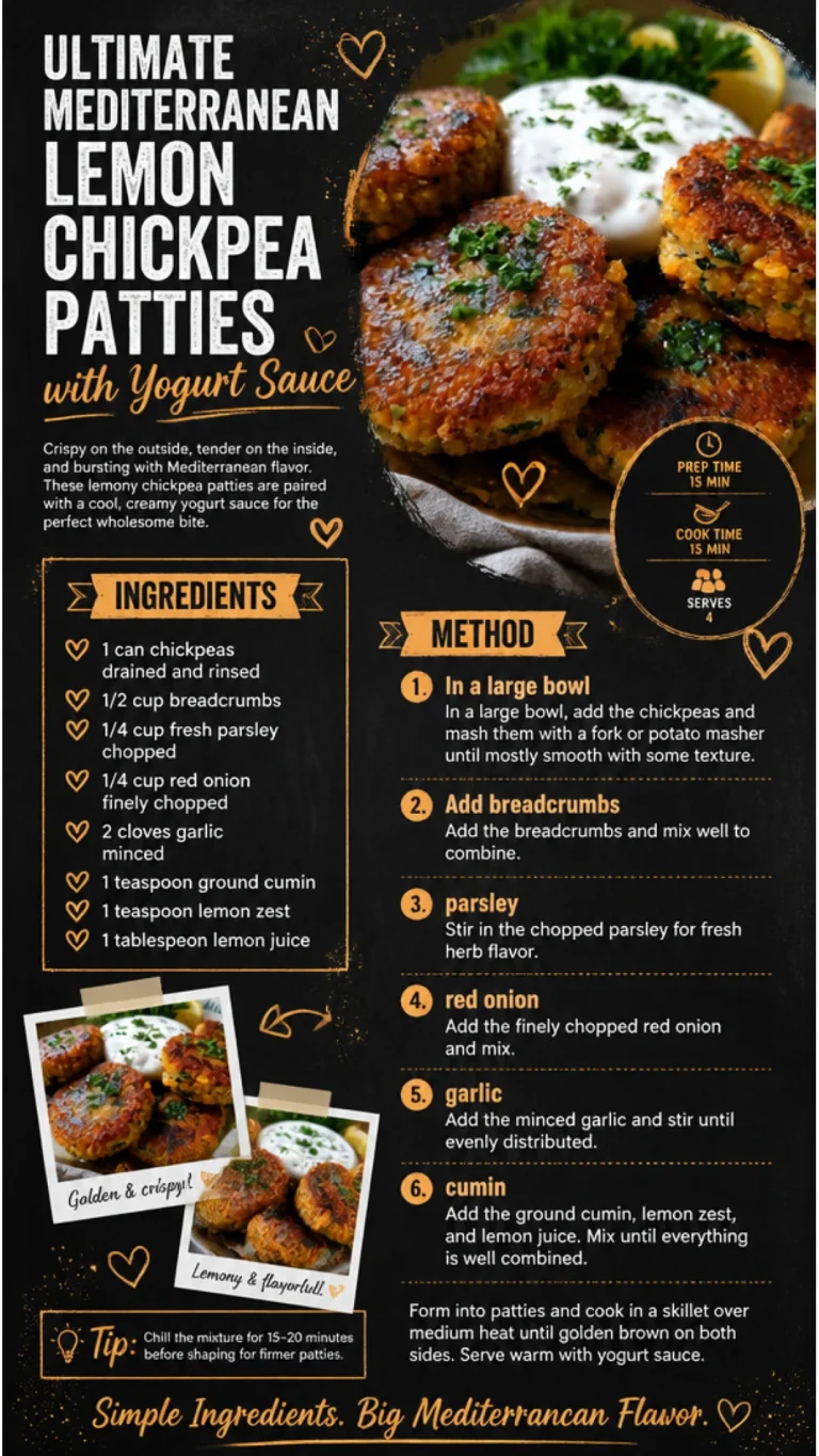 Plate of Mediterranean lemon chickpea patties served with yogurt sauce