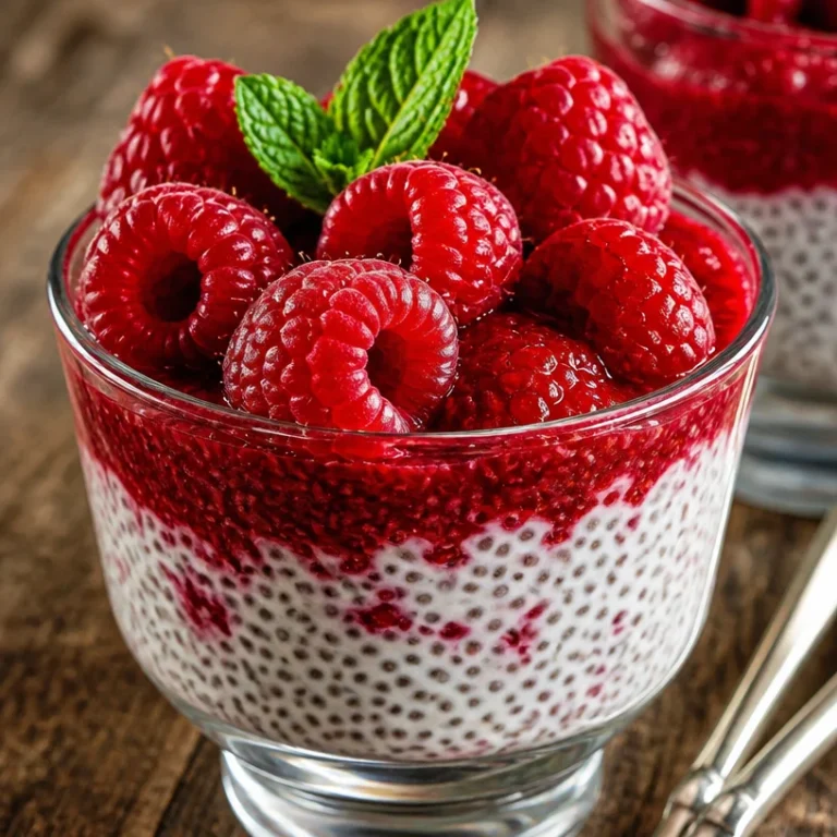 Delicious vanilla raspberry chia pudding in a bowl, topped with fresh raspberries.