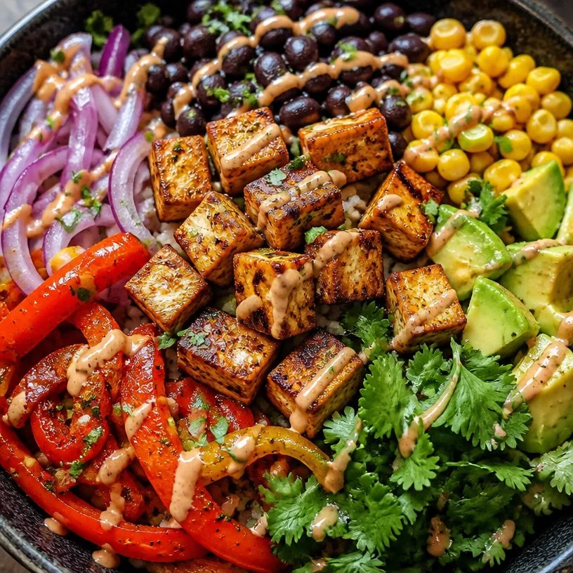 Colorful Vegan Burrito Bowl filled with beans, rice, vegetables, and avocado