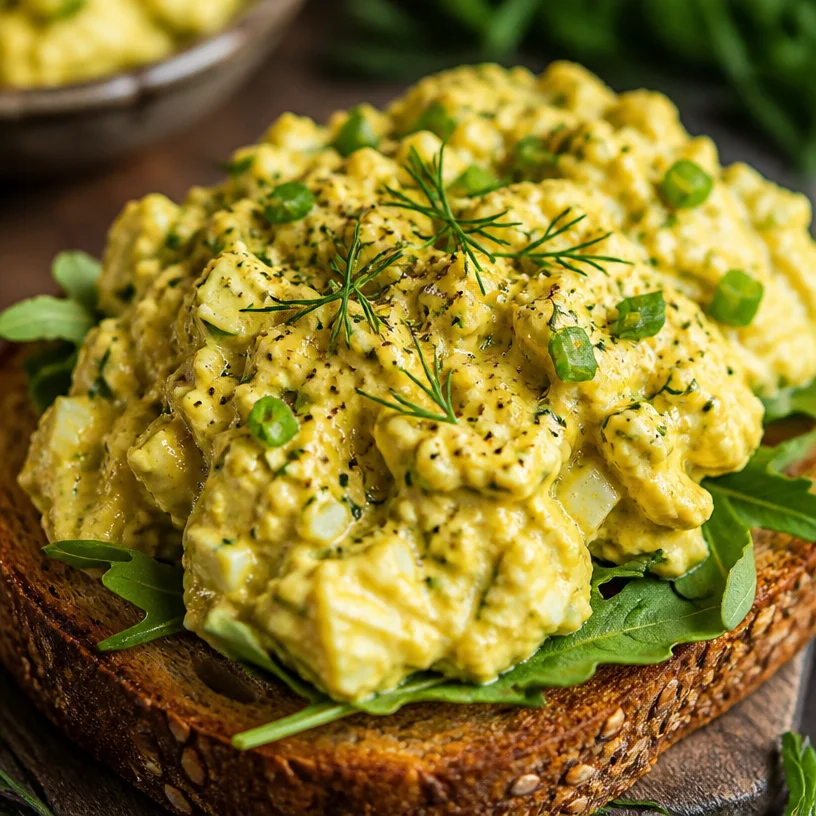 Vegan egg salad on toast topped with fresh herbs and spices.