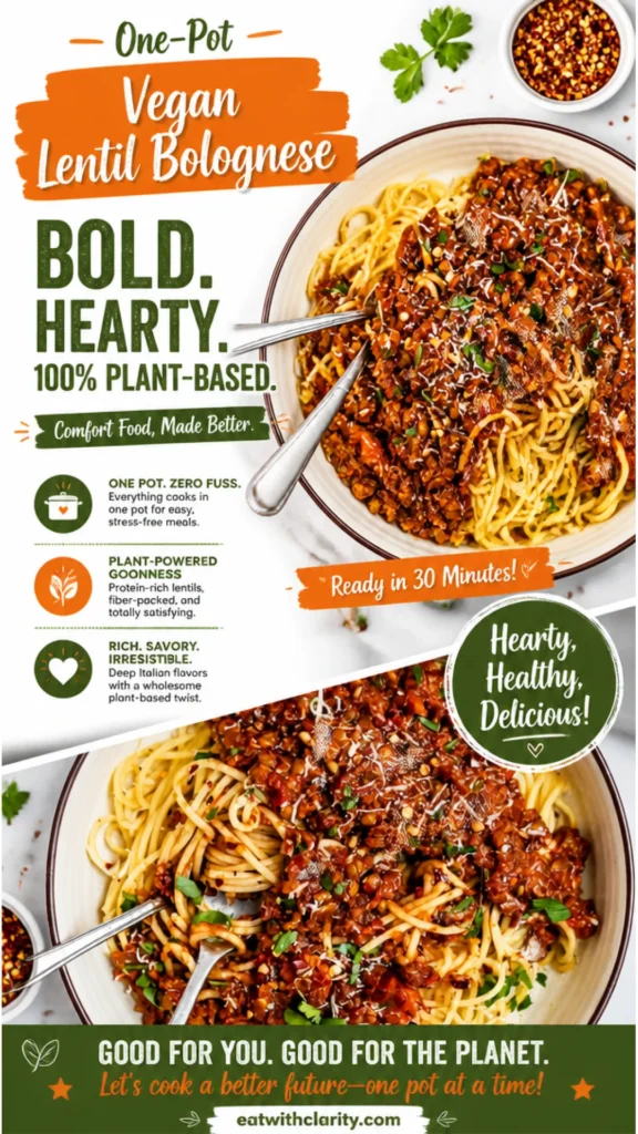 Delicious Vegan Lentil Bolognese served on pasta.