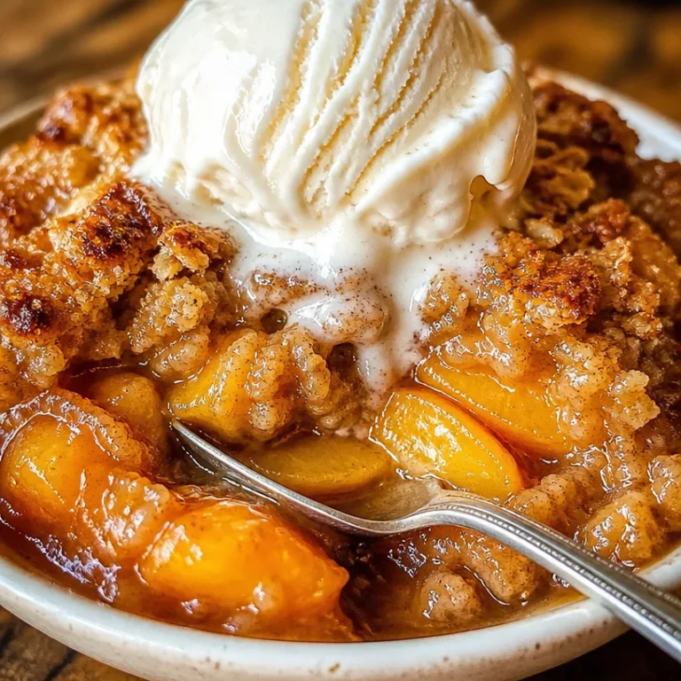 Delicious vegan peach cobbler served in a rustic dish with fresh peaches