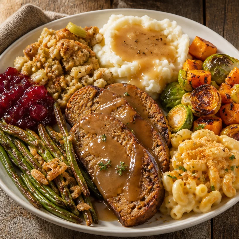 A beautifully arranged Vegan Thanksgiving Dinner with colorful plant-based dishes.